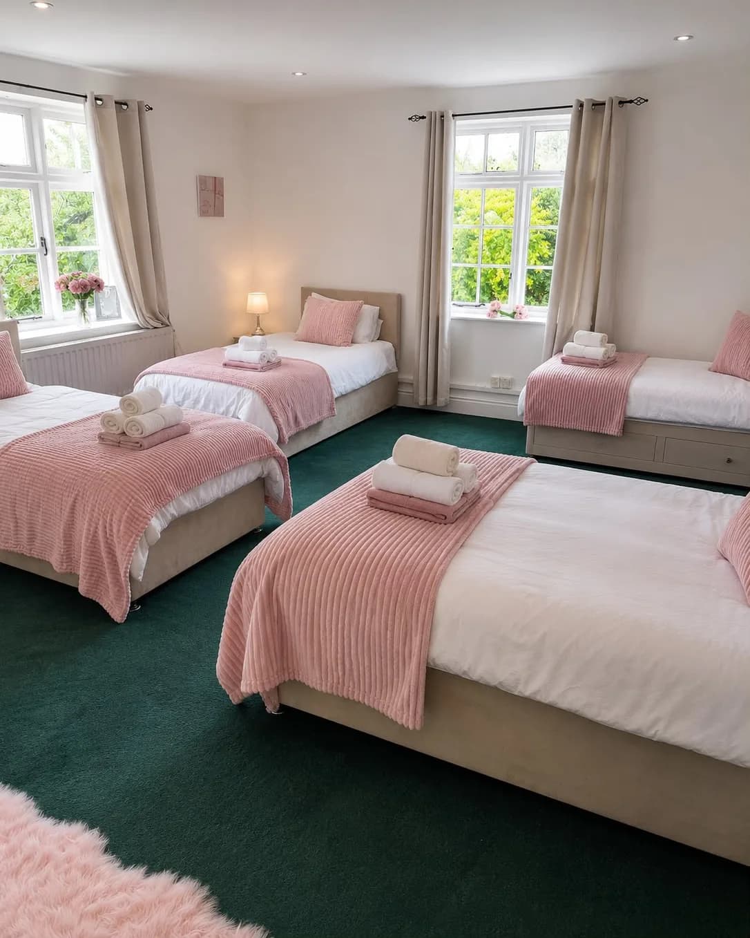 Four single beds dressed in white and blush pink inside Cherry Tree House.