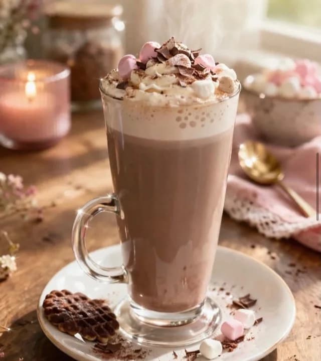 A hot chocolate topped with cream and chocolate