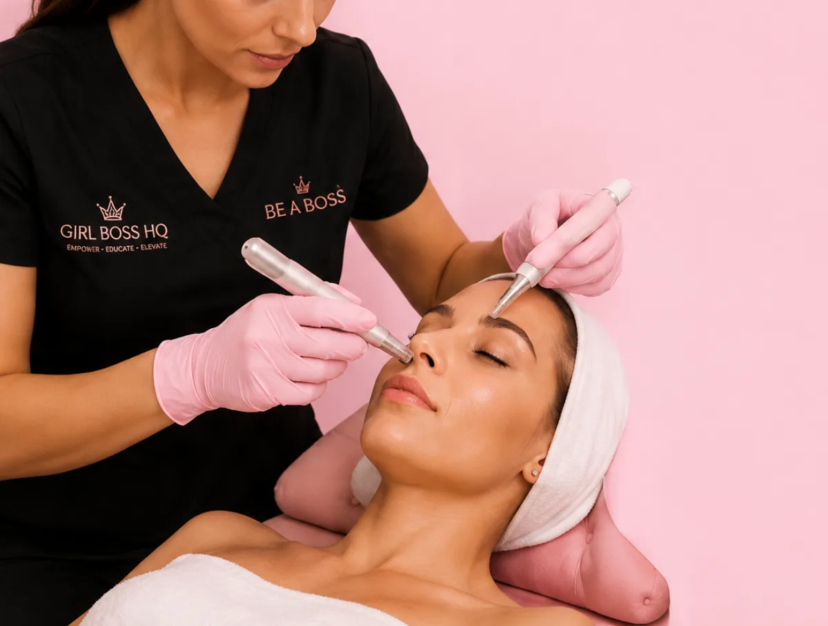 A trainer in Girl Boss HQ scrubs holding a treatment pen to a model's cheek, against a pink studio wall.