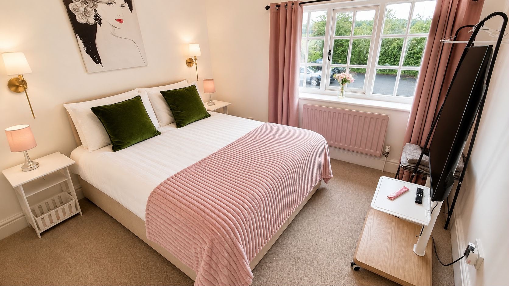 The double room seen wide, with lamps on both sides of the bed and the window onto the trees