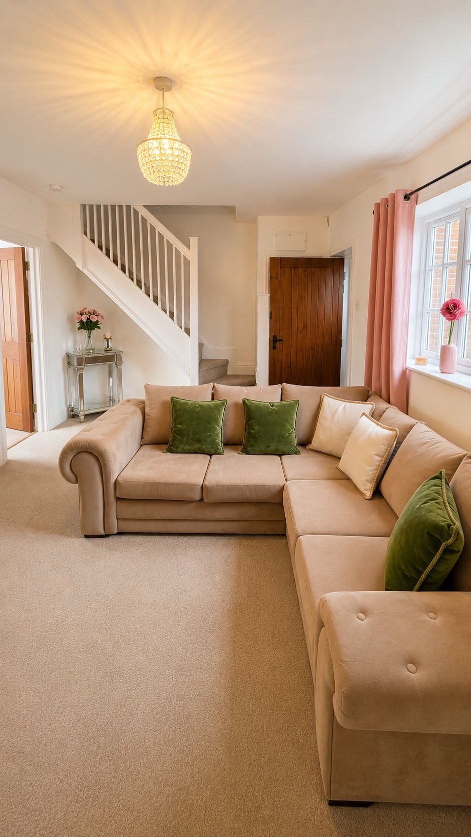 The sitting room at Cherry Tree House, with the staircase running up behind the sofa